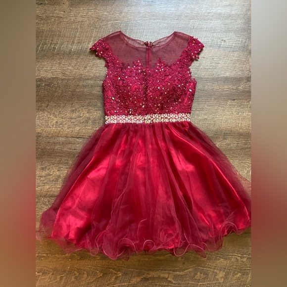 Dancing Queen baby doll red scarlet prom dress mini cap sleeve lace appliqué XS - Picture 9 of 15